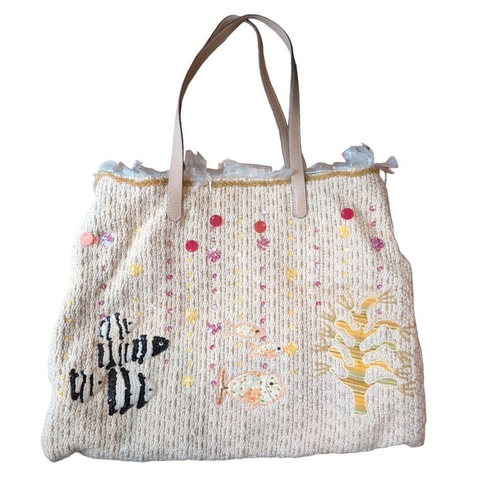 The Sak Ocean Fish Beaded Plastic Fringe Trim Woven Tote Stain Art To Wear